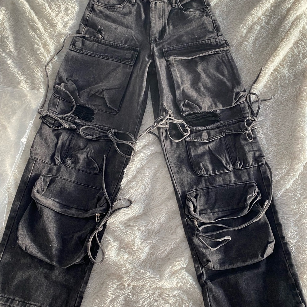 High Rise Black Distressed Cargo Jeans